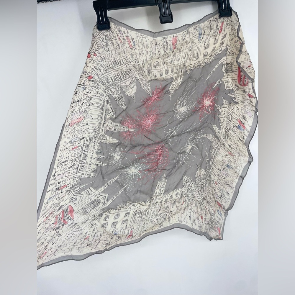 Vintage 90s Laura Ashley 100% Silk Made In Japan London Houses Fireworks Scarf